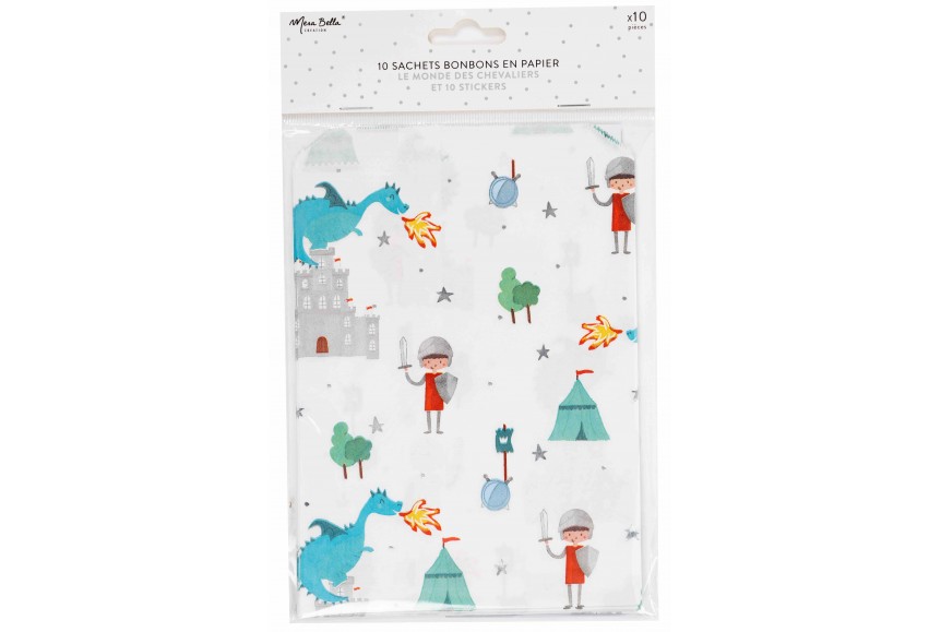 10 Sachets bonbon en papier & stickers Monde des chevaliers Mesa Bella