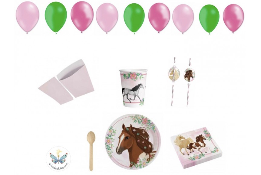 Kit anniversaire filles - Kit de fête cheval fleuri -vaisselle jetable