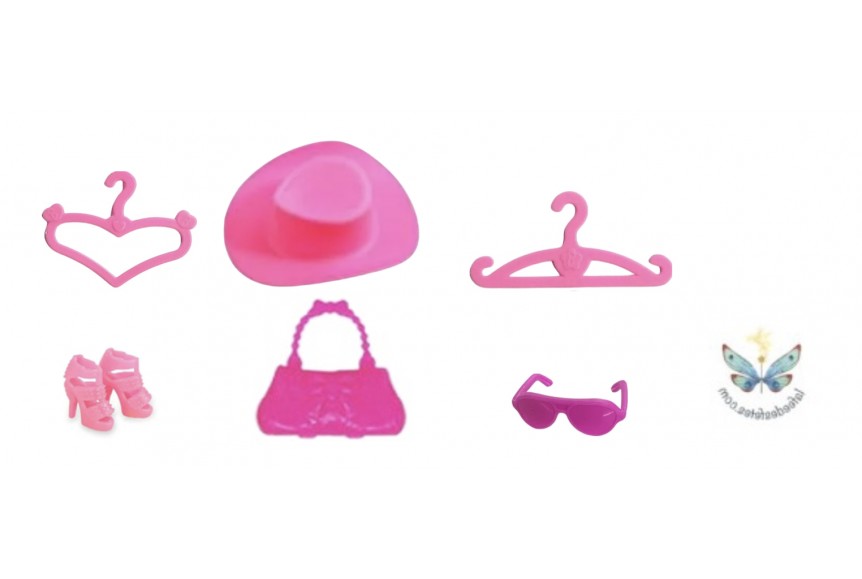 6 mini accessoires Barbie en plastique rose pour le gâteau la table
