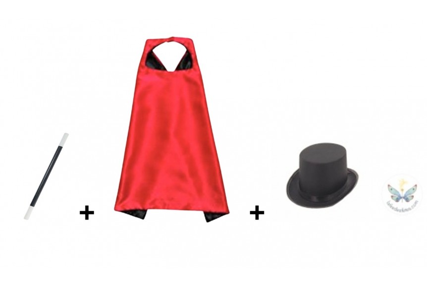 Déguisement magicien cape rouge/noire baguette & chapeau noir