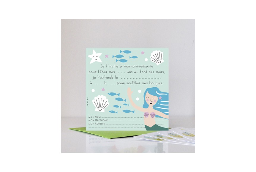 8 cartes d'invitation thème sirène - anniversaire filles -Merci Chacha