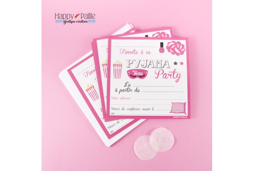 Invitation soirée pyjama filles - 6 Cartes girly & enveloppes blanches