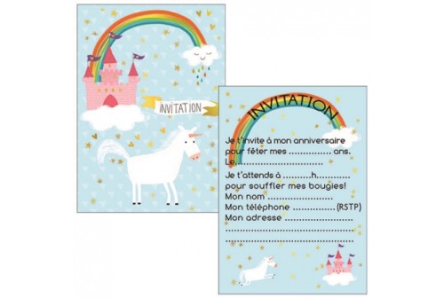 8 Invitations thème licorne et 8 enveloppes de couleur - Fête de filles