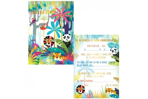 8 invitations anniversaire animaux de jungle & enveloppes de couleurs