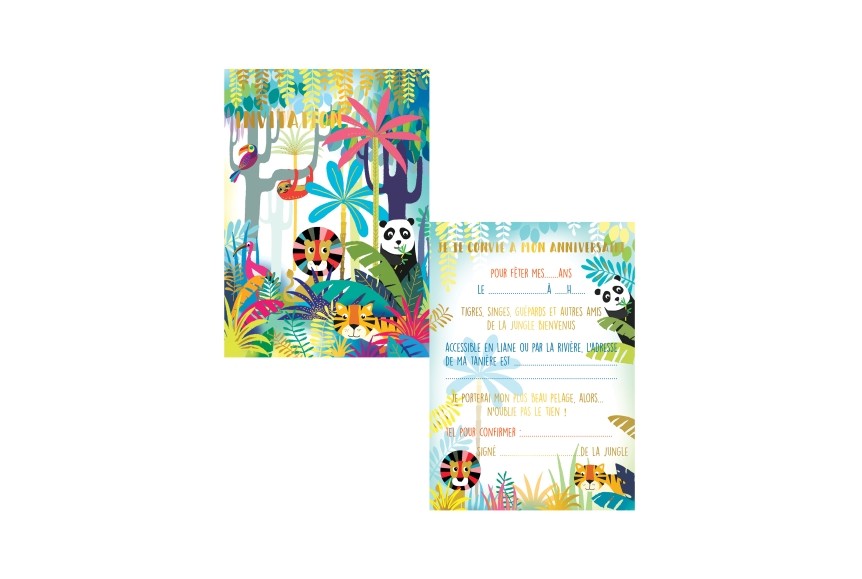 8 invitations anniversaire animaux de jungle & enveloppes de couleurs