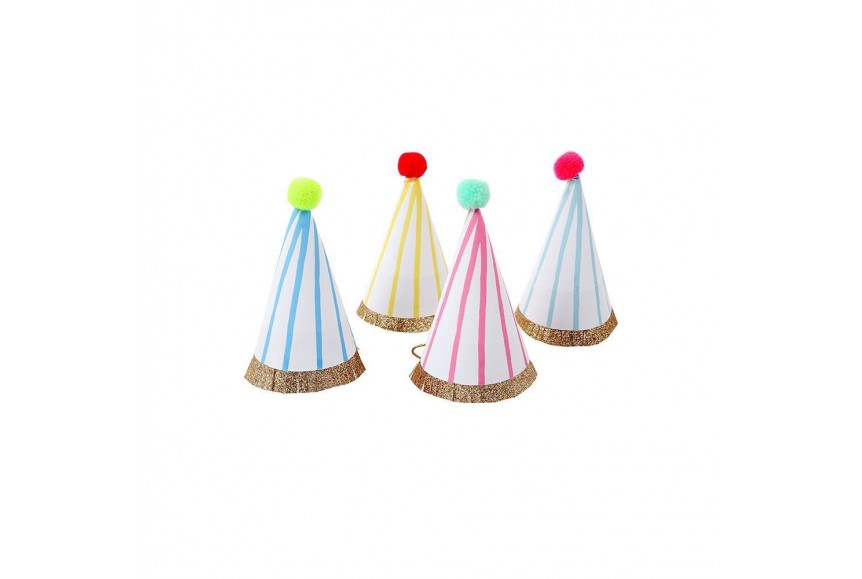 Meri Meri 8 Mini Chapeaux Pointus A Rayures Avec Pompon De Couleur