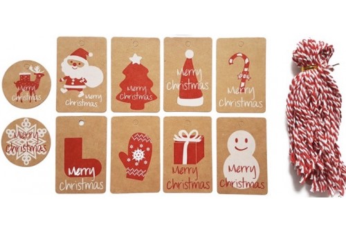 10 Etiquettes kraft & ficelle rouge blanche - Emballage cadeau de Noël