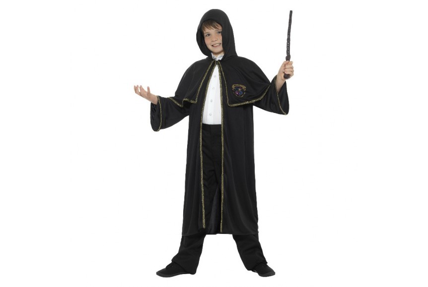 Costume Sorcier Enfant 3 Pièces Halloween - Cape, Chapeau, Masque Noir Doré 80 Cm, Fête Cosplay