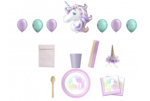 Kit vaisselle jetable thème Licorne - Kit anniversaire pour 8 filles