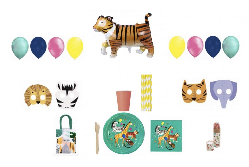 Kit anniversaire jungle festif - fête mixte vaisselle et déco Tigre