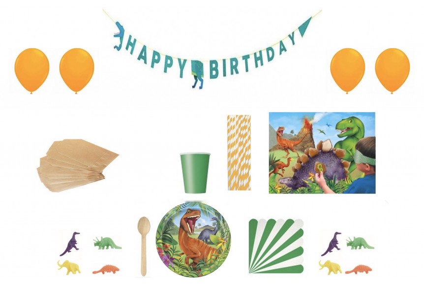 Kit anniversaire Happy Birthday Dinosaure pour 8 personnes