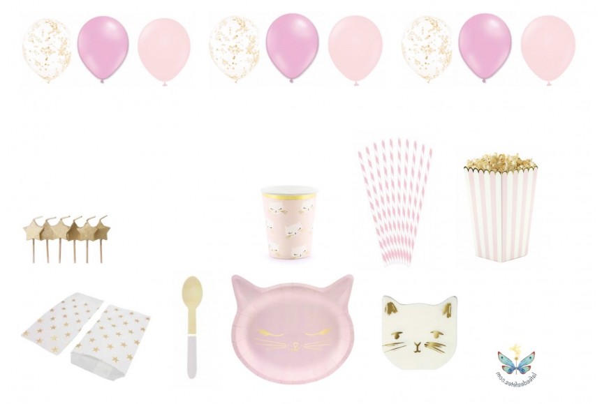 Kit vaisselle jetable thème CHAT - Kit anniversaire pour 6 filles